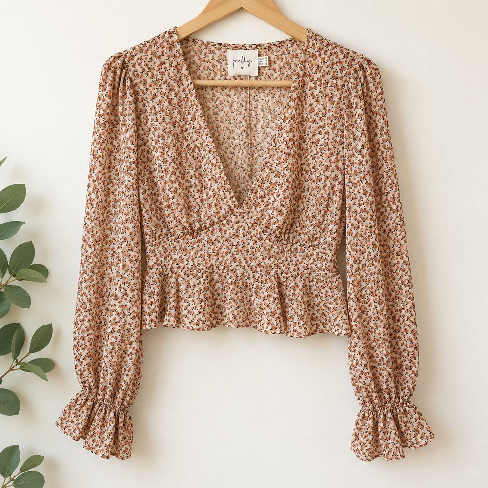Princess Polly Sz 6 Floral Wrap Peplum Blouse Long Sleeve Romantic Cottagecore